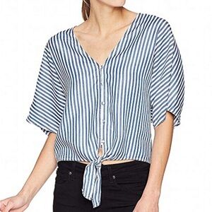 Paige Blue White Striped V Neck Button Down Front Tie Waist Tencel Casual Top S